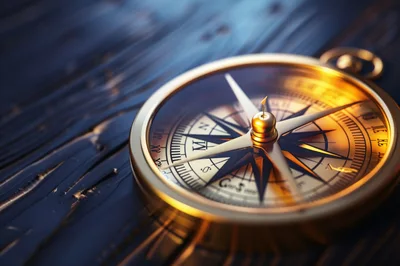Golden Compass Resting On Dark Wooden Surface