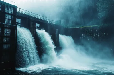Water Cascading Over A Concrete Dam Spillway