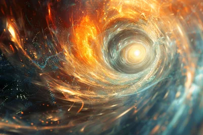 Abstract Cosmic Vortex With Glowing Golden Light Particles