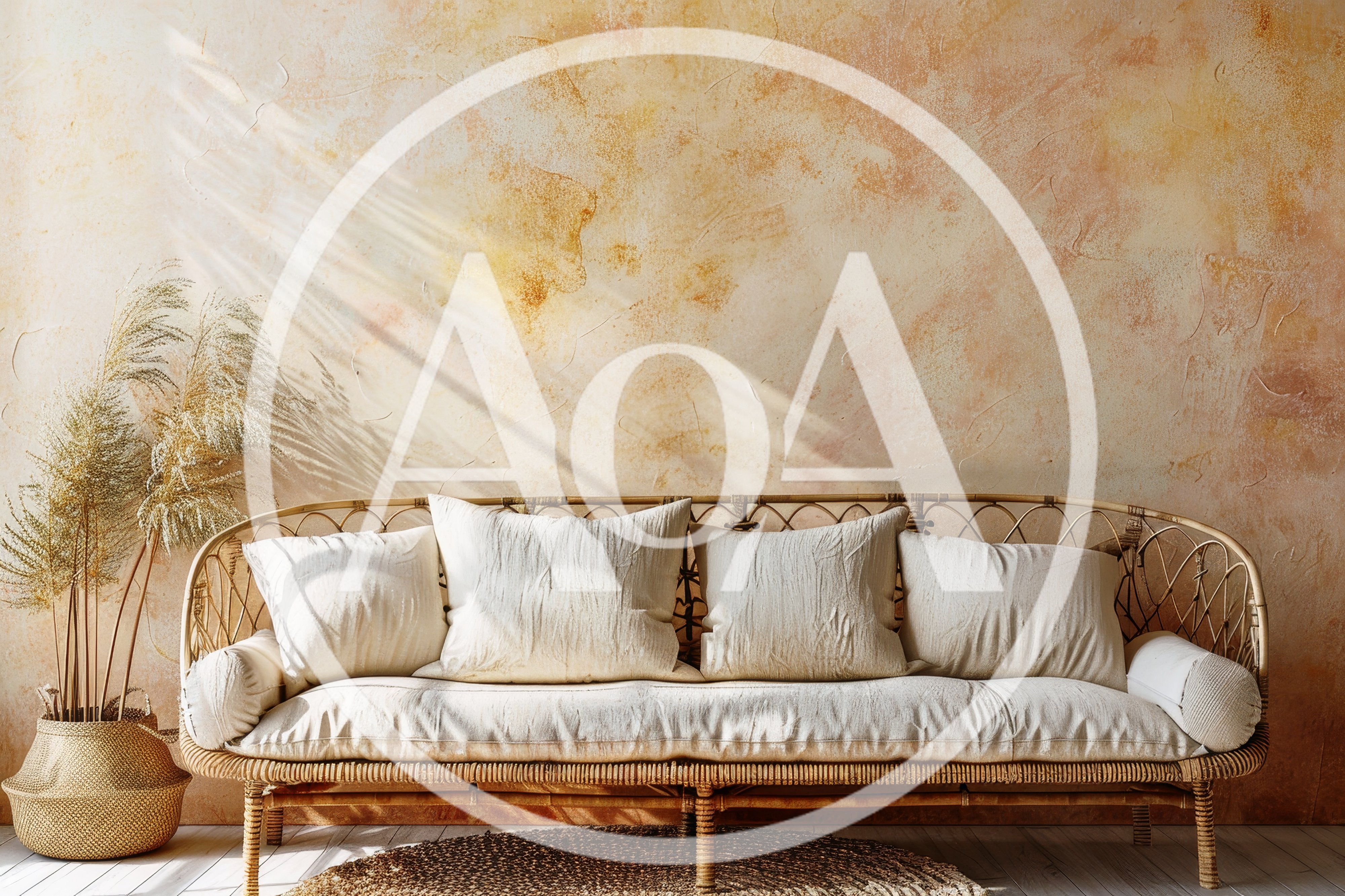 Bohemian Rattan Sofa With Dried Grass Decor