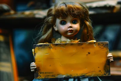 Creepy Vintage Doll Holding A Blank Weathered Sign