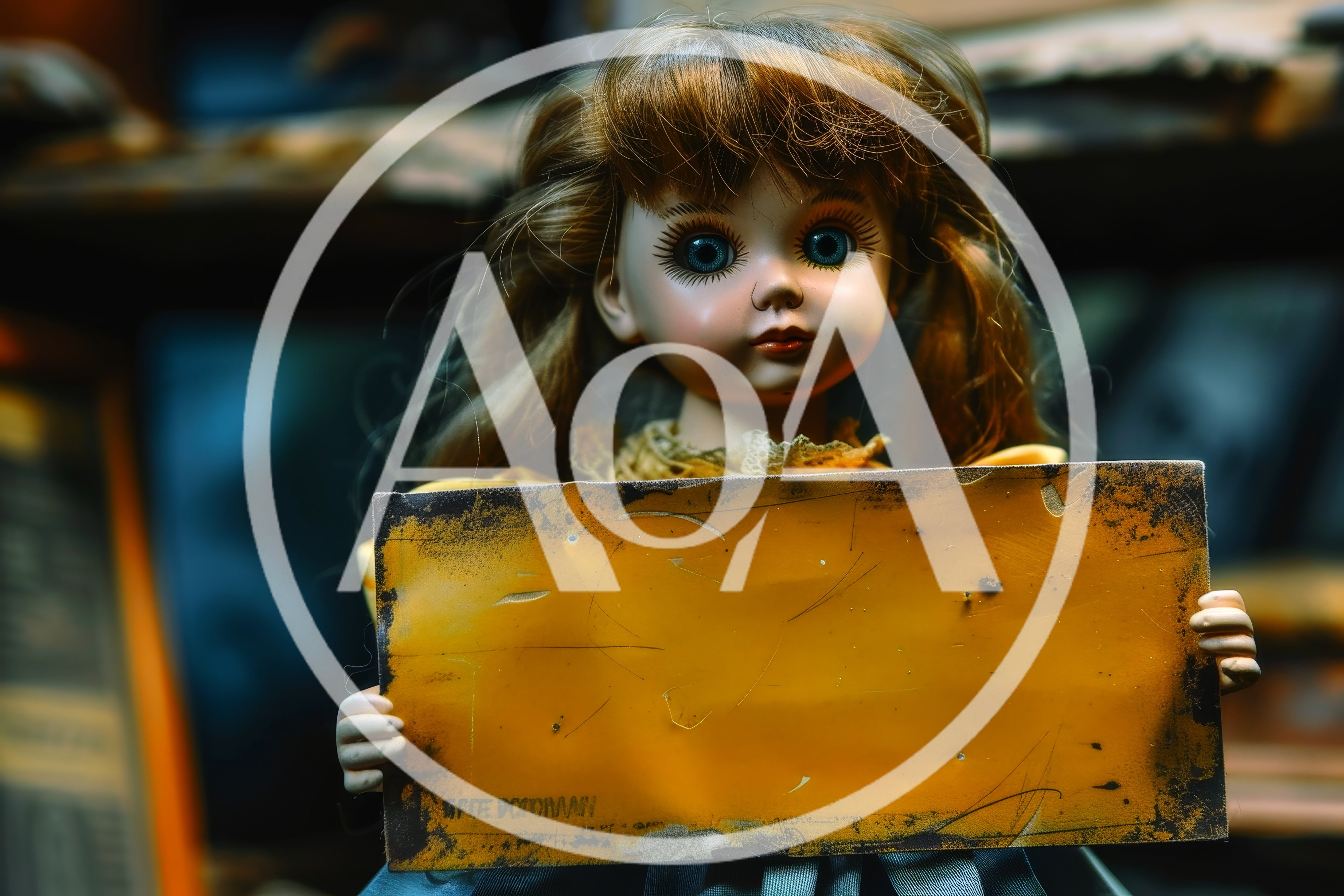Creepy Vintage Doll Holding A Blank Weathered Sign