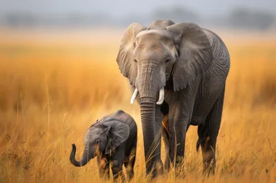African Elephant Mother And Calf Walking In Savanna