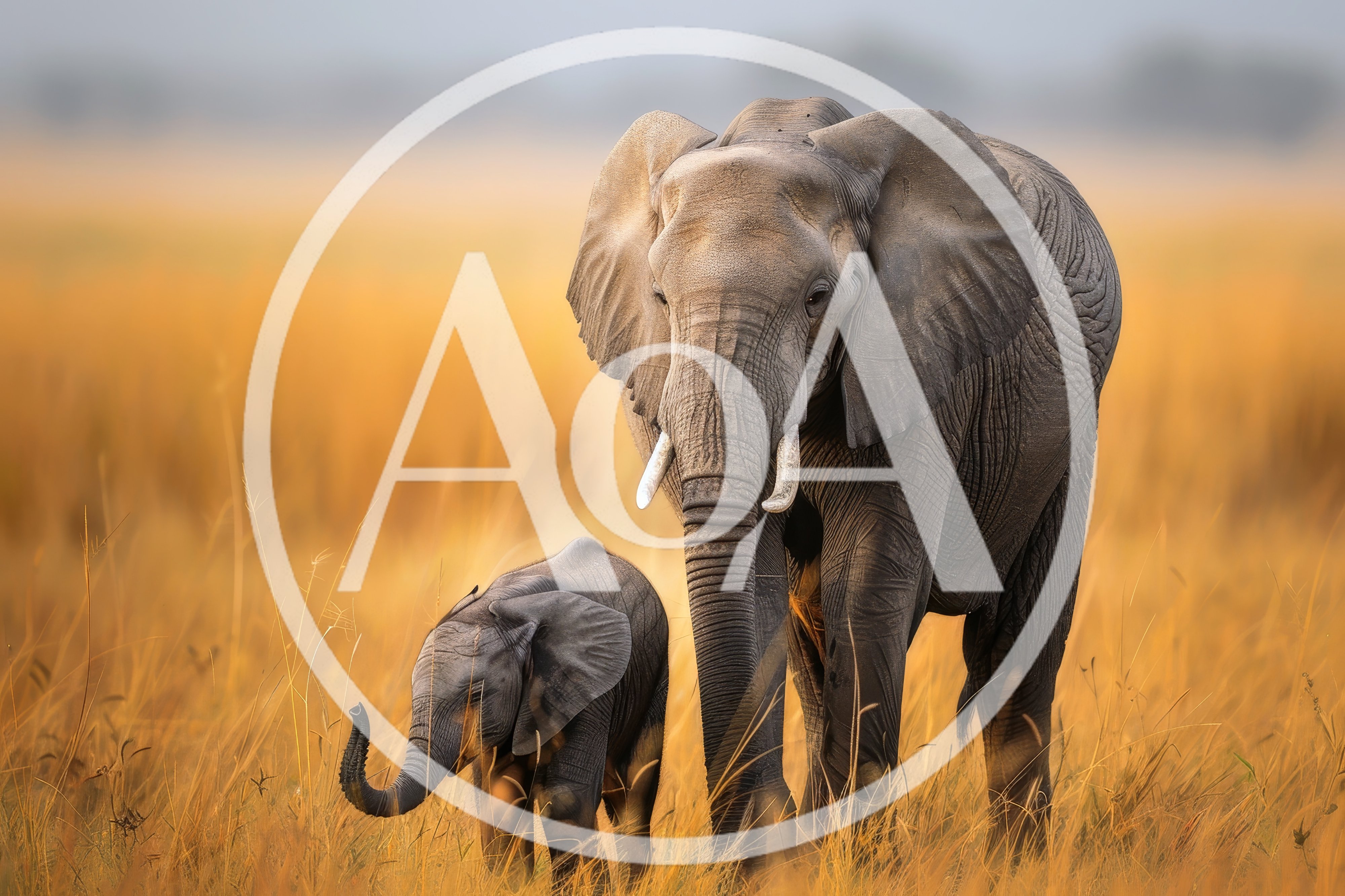 African Elephant Mother And Calf Walking In Savanna