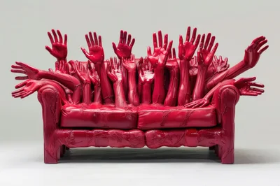 Surreal Red Sofa Covered In Sculptural Human Hands