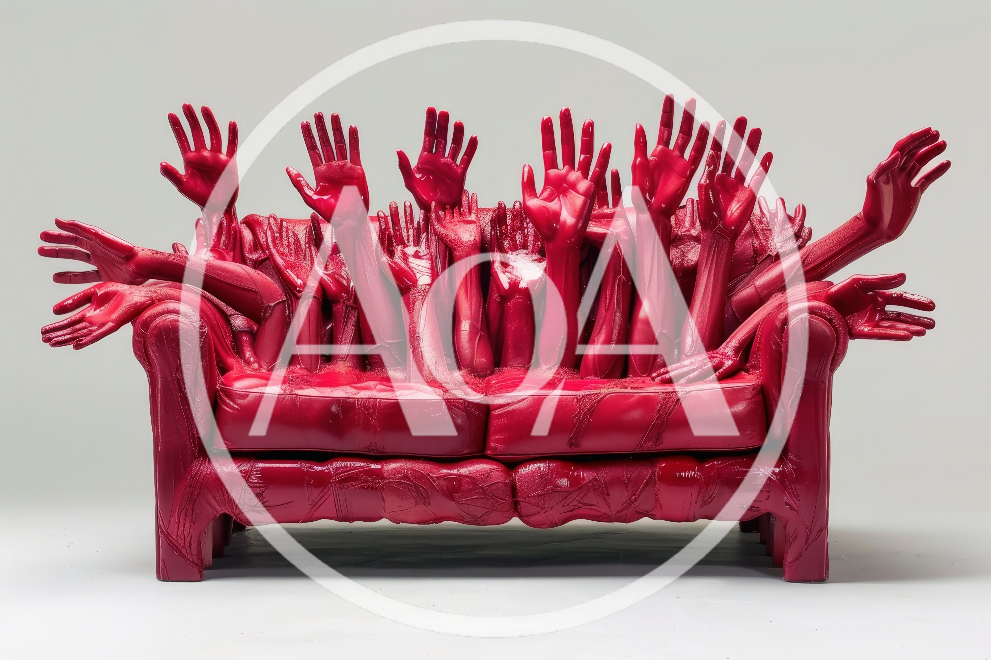 Surreal Red Sofa Covered In Sculptural Human Hands
