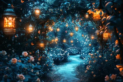 Enchanted Garden Path With Glowing Lanterns