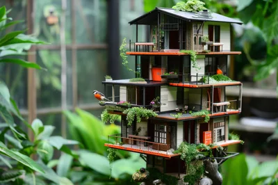 Miniature Modern Architectural Birdhouse In Lush Garden Setting