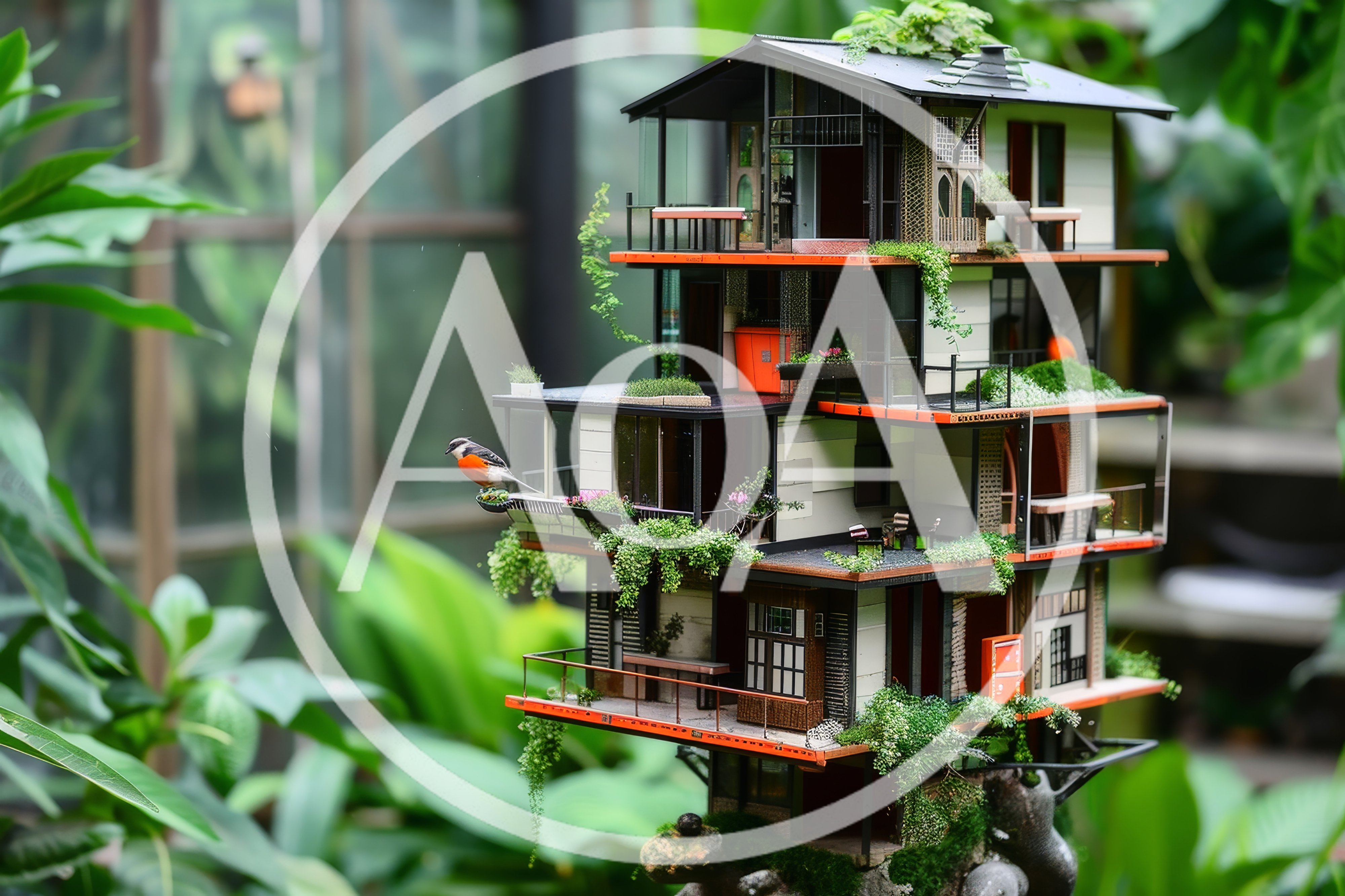 Miniature Modern Architectural Birdhouse In Lush Garden Setting