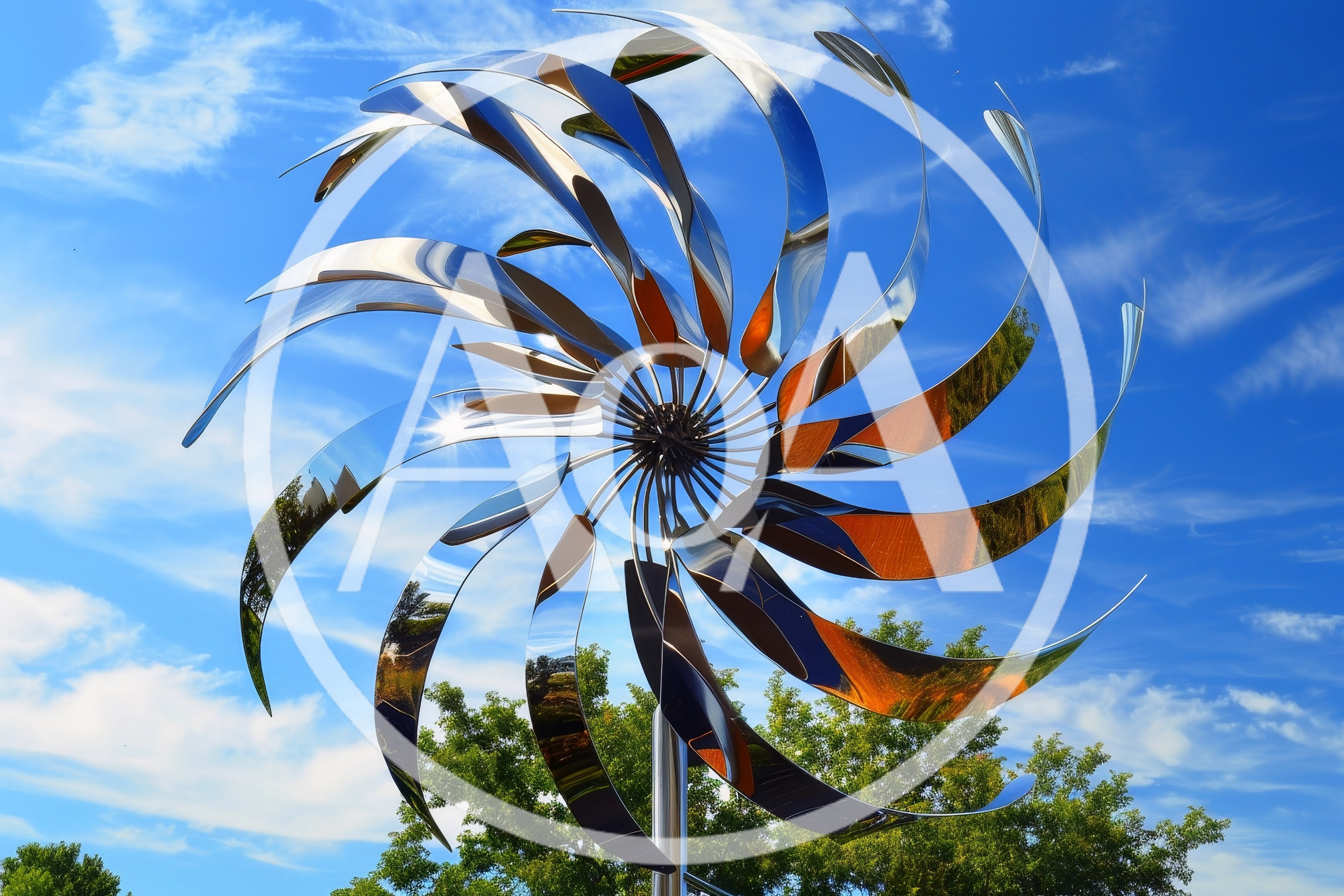 Kinetic Metal Wind Sculpture Rotating Against Blue Sky