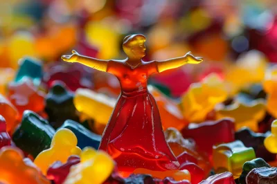 Red Gummy Figure Standing Amidst Colorful Gummy Bears