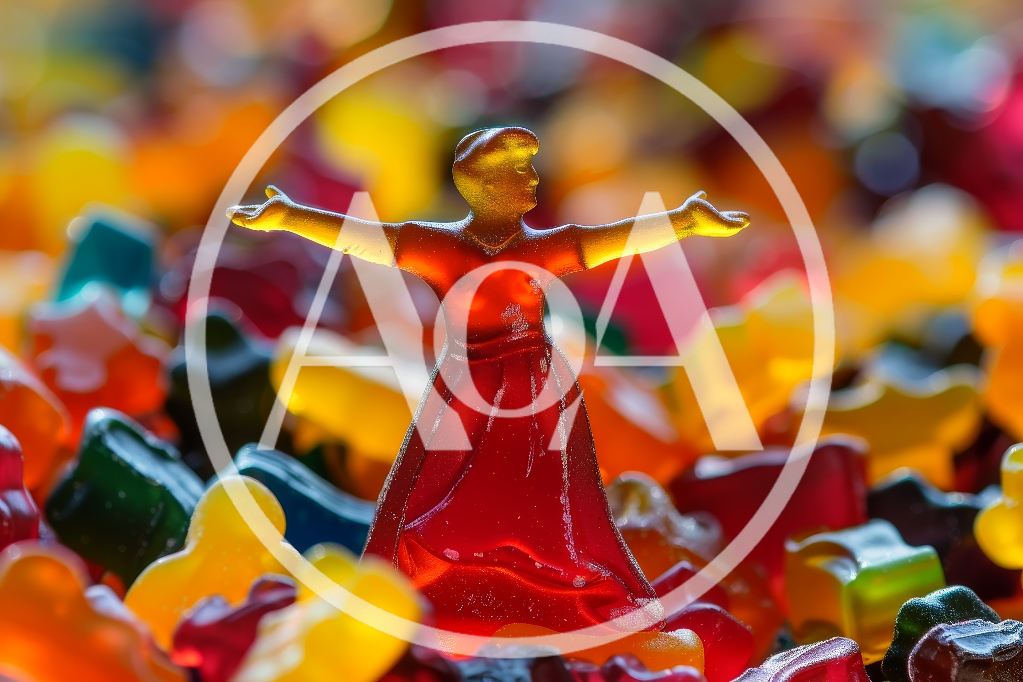 Red Gummy Figure Standing Amidst Colorful Gummy Bears