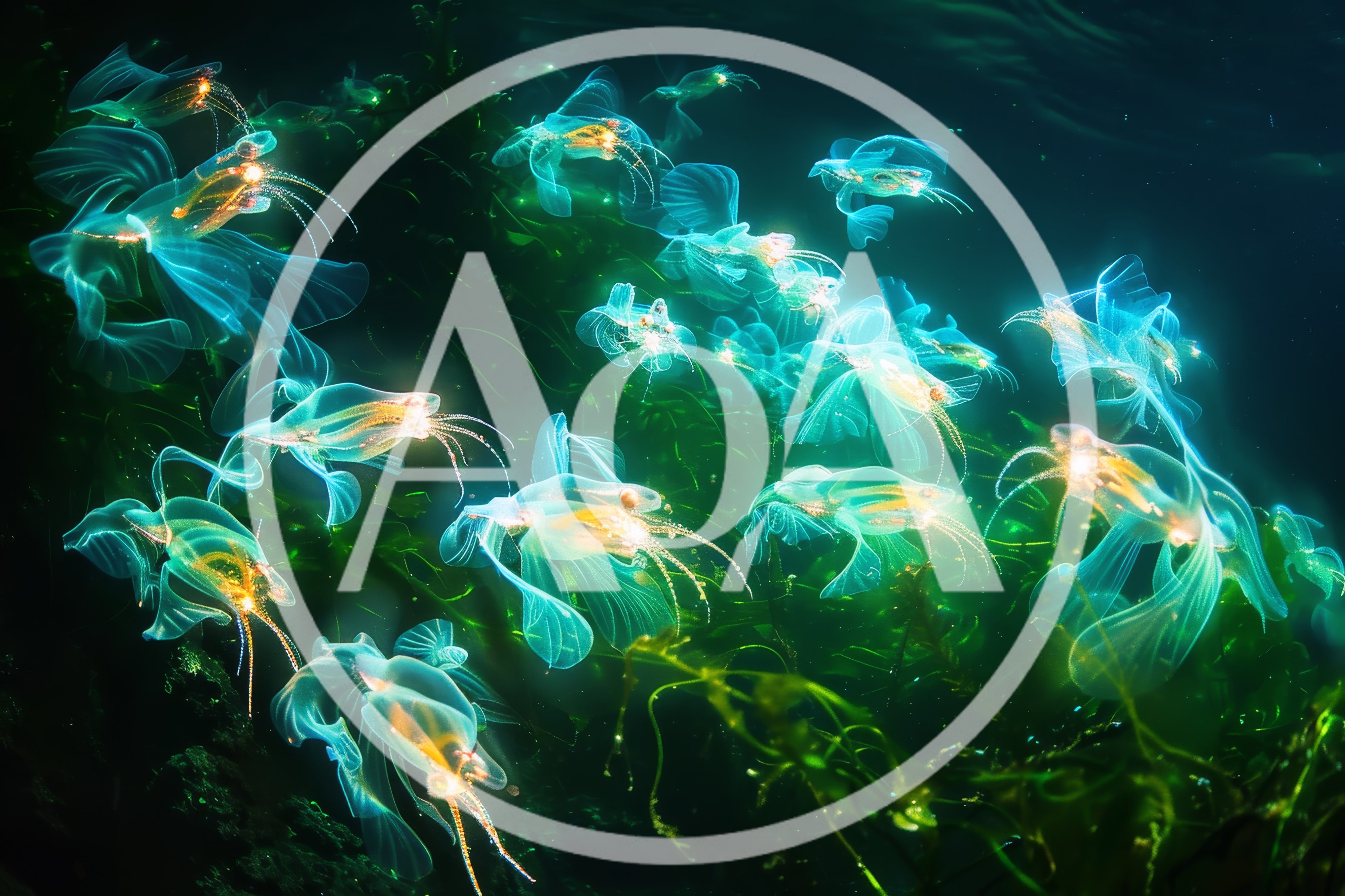 Bioluminescent Jellyfish Swarm In Deep Underwater Environment