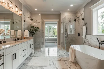 Modern Luxury Bathroom With Marble Tiles And Freestanding Tub