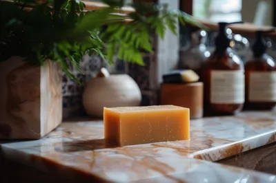 Bar of Natural Soap on Marble Bathroom Counter