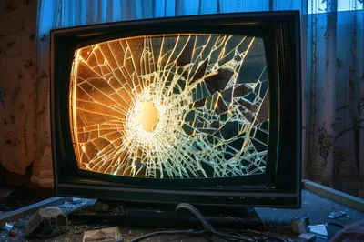 Broken Vintage Television Screen With Glowing Interior Light