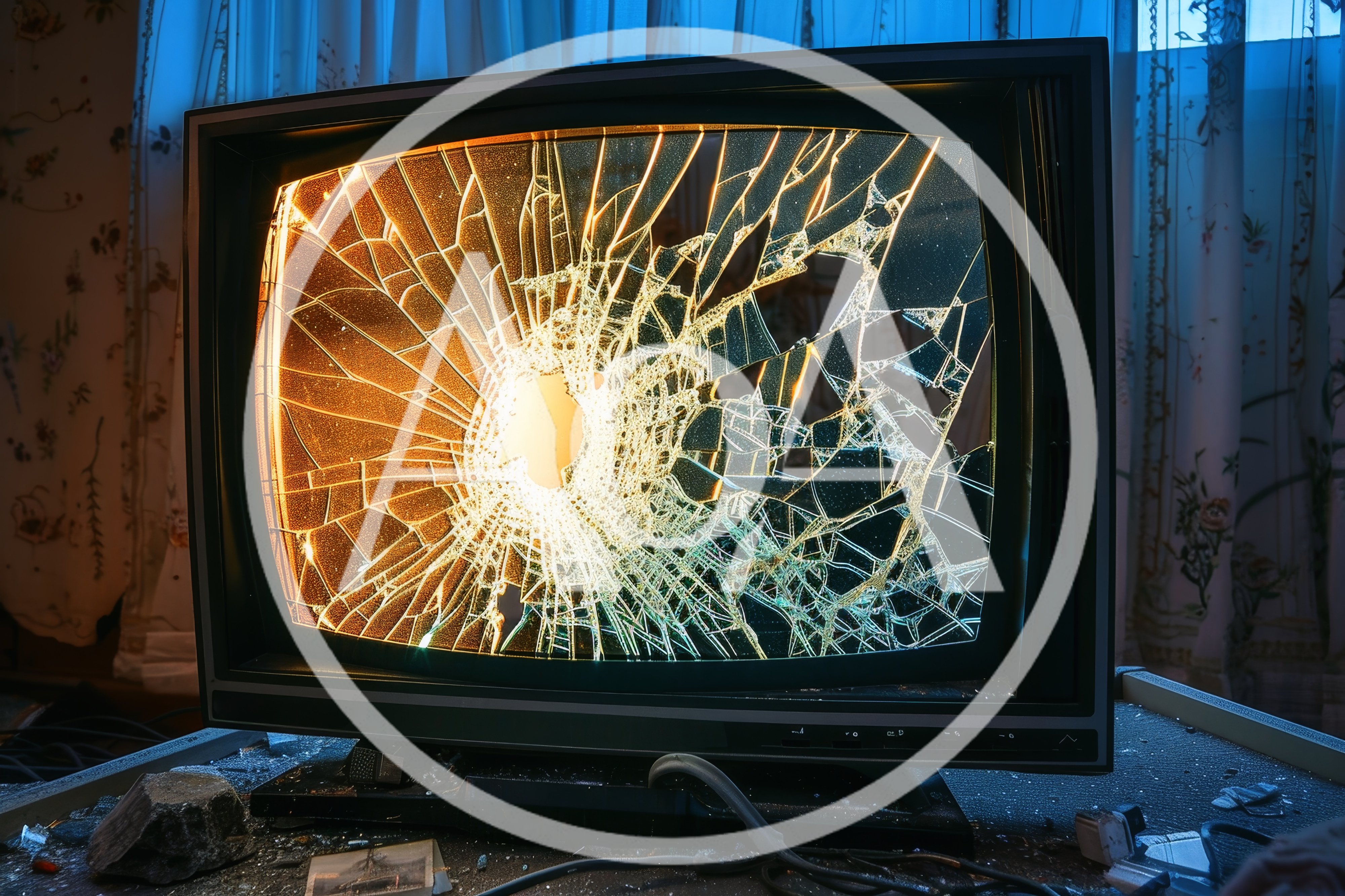 Broken Vintage Television Screen With Glowing Interior Light