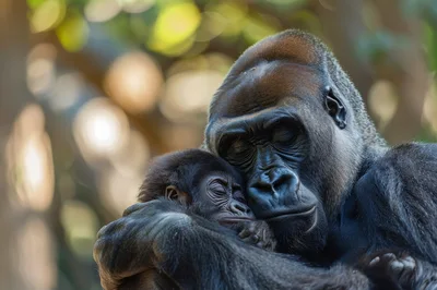 Mother Gorilla Cradling Her Newborn Infant