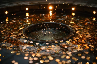 Coins Tossed Into A Wishing Fountain At Night