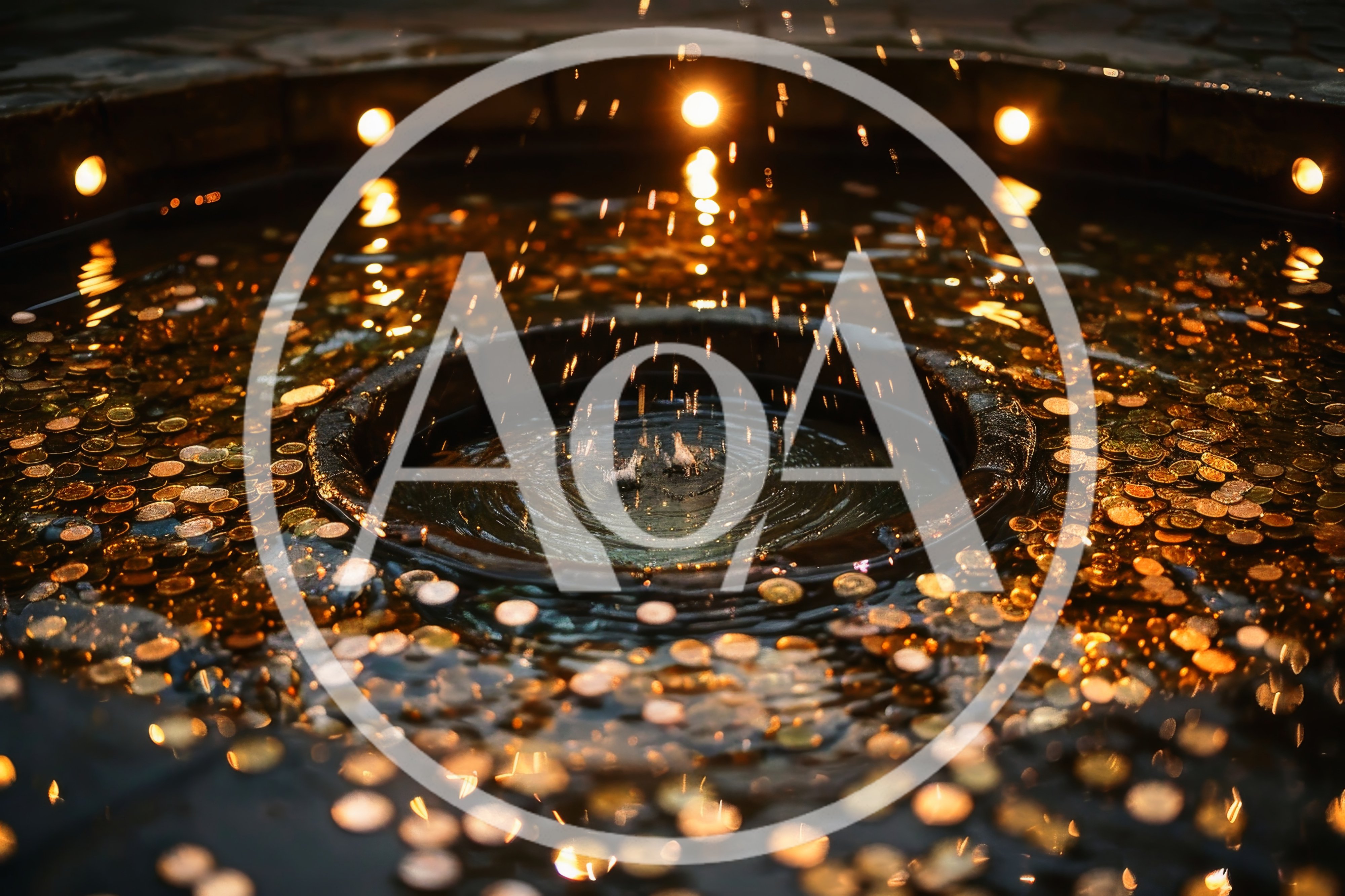 Coins Tossed Into A Wishing Fountain At Night
