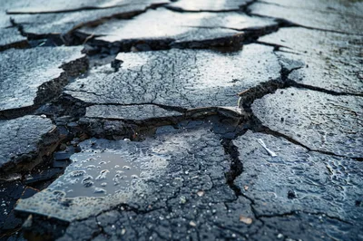 Cracked Asphalt Surface With Puddles After Rain