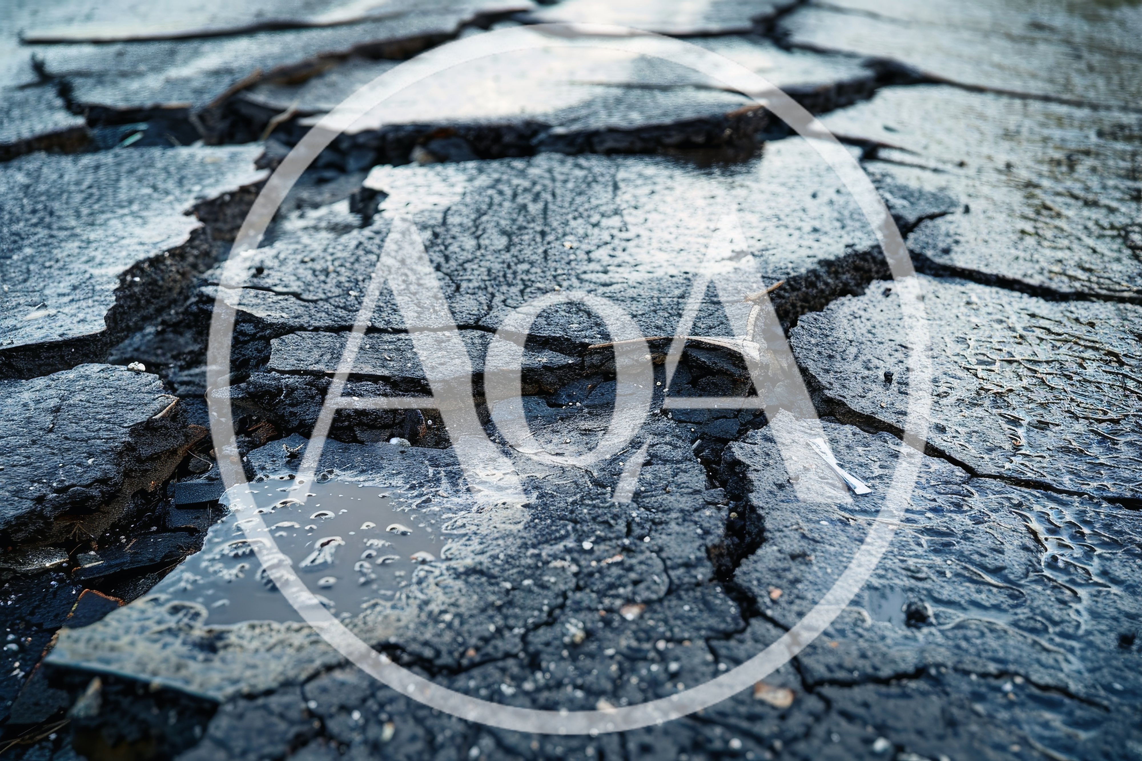 Cracked Asphalt Surface With Puddles After Rain
