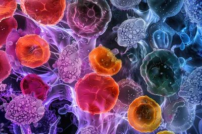 Microscopic View of Colorful Biological Cells