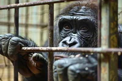 Close Up Of A Gorilla Behind Metal Cage Bars