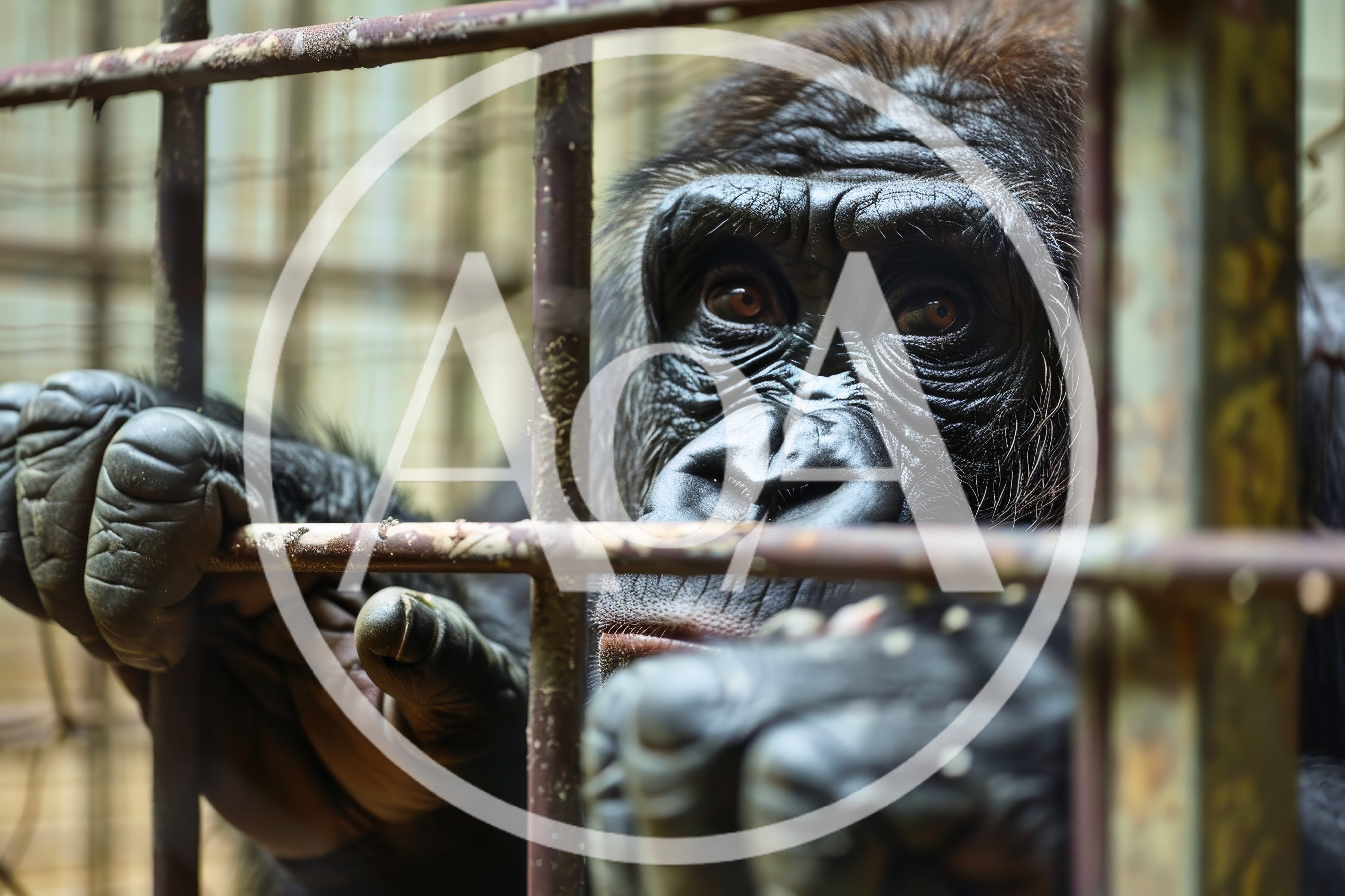 Close Up Of A Gorilla Behind Metal Cage Bars