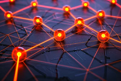 Glowing Red Network Nodes On Dark Circuit Board