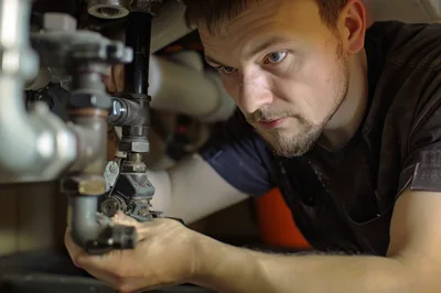Plumber Repairing Sink Pipes Under Kitchen Cabinet