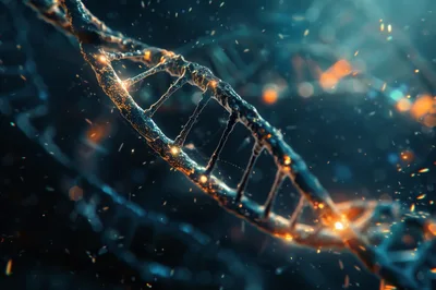 Glowing DNA Double Helix Strand In Dark Space