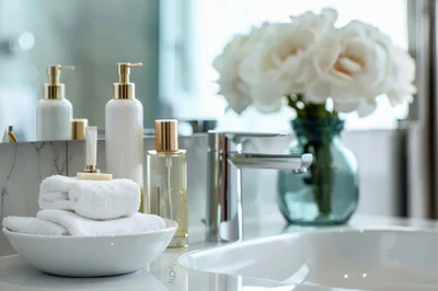 Luxury Bathroom Vanity With White Towels And Flowers