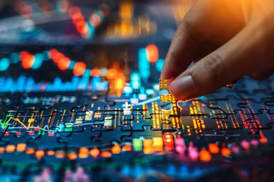 Hand Placing Puzzle Piece On Financial Stock Chart