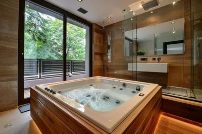 Modern Luxury Bathroom With Wooden Jacuzzi Tub
