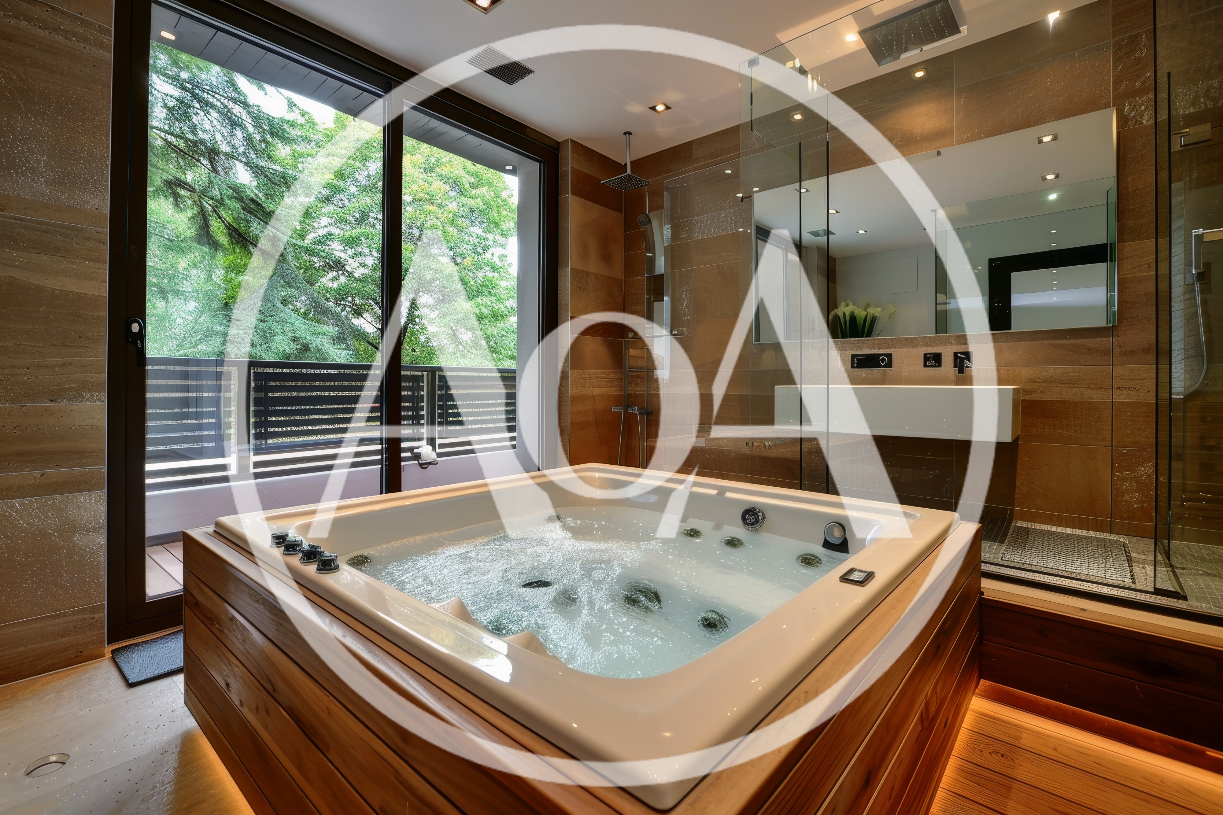 Modern Luxury Bathroom With Wooden Jacuzzi Tub