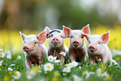 Four Cute Piglets Standing In A Flower Meadow