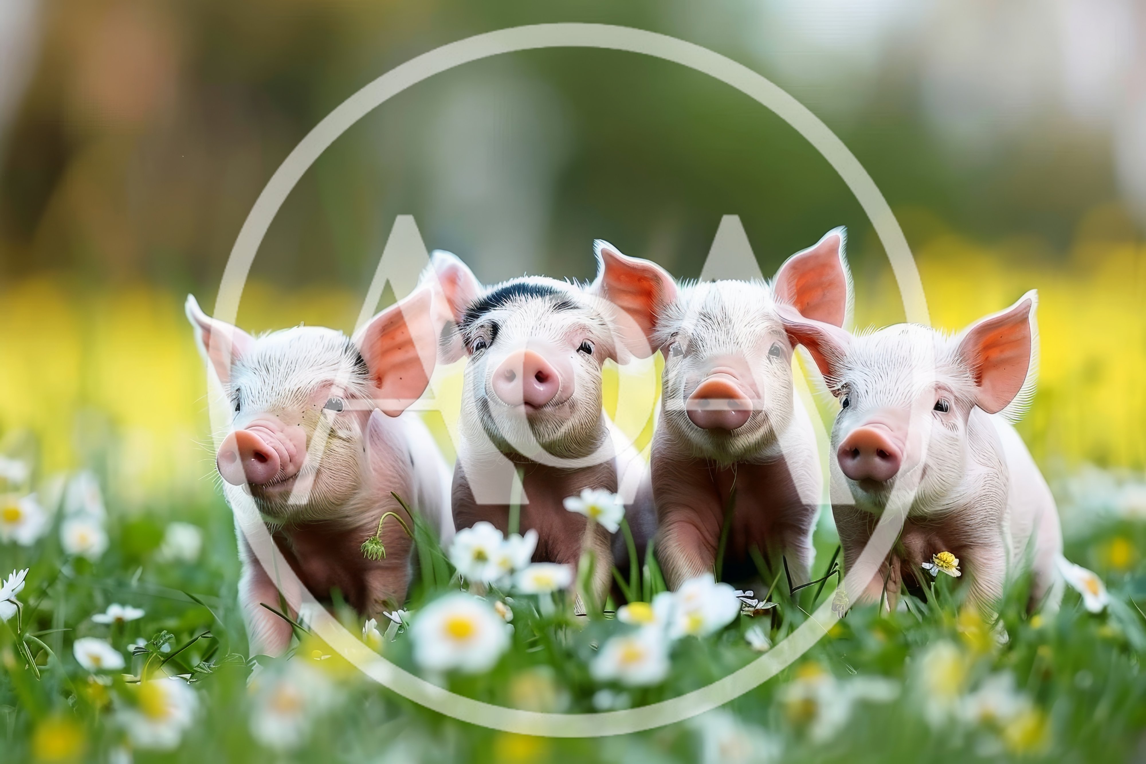 Four Cute Piglets Standing In A Flower Meadow