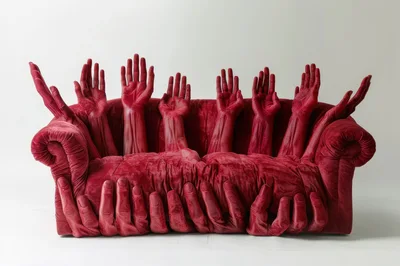 Surreal Red Velvet Sofa With Human Hand Sculptures