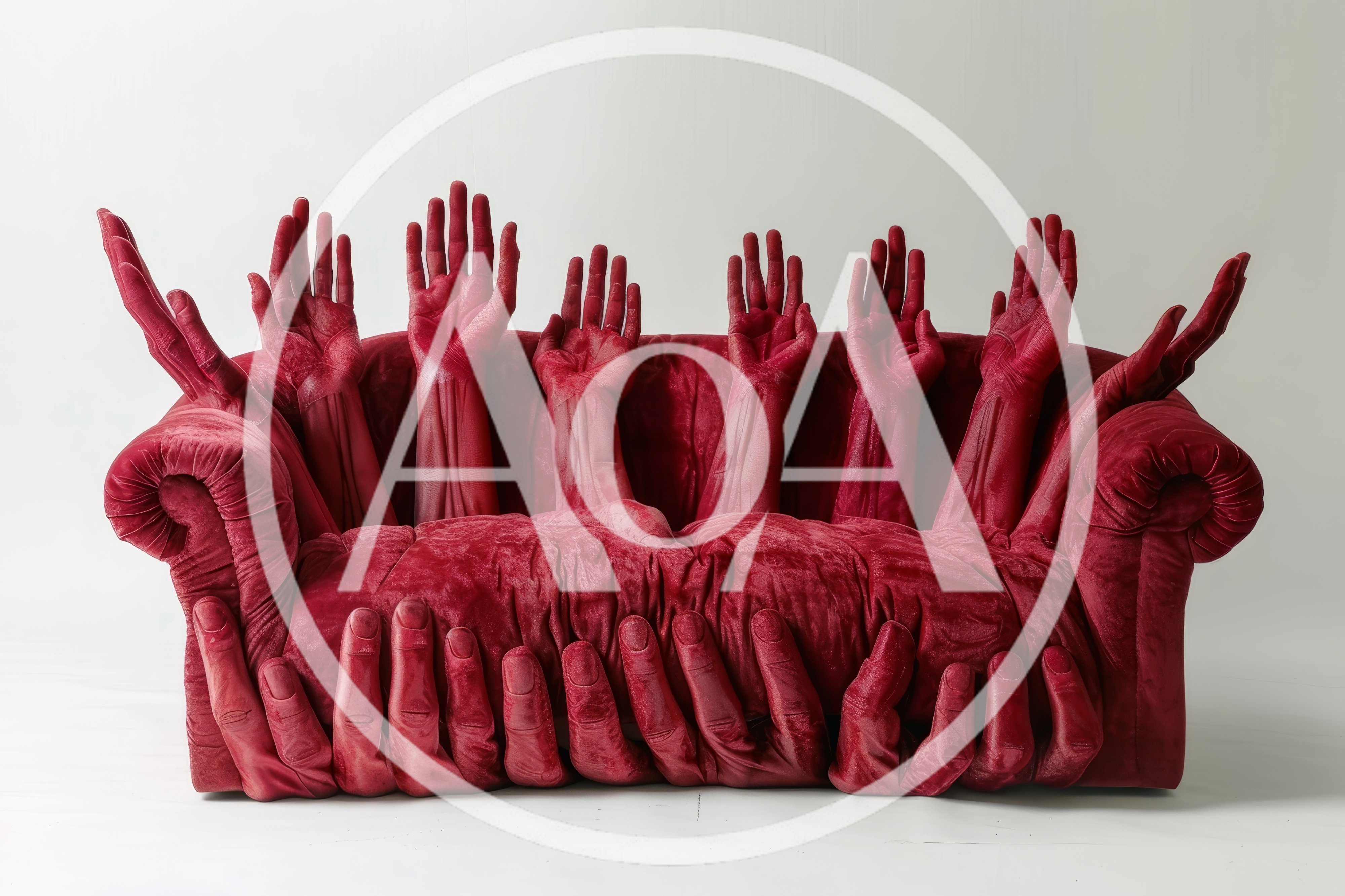 Surreal Red Velvet Sofa With Human Hand Sculptures