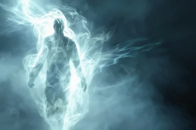 Ethereal Human Silhouette Emerging From Glowing Blue Smoke