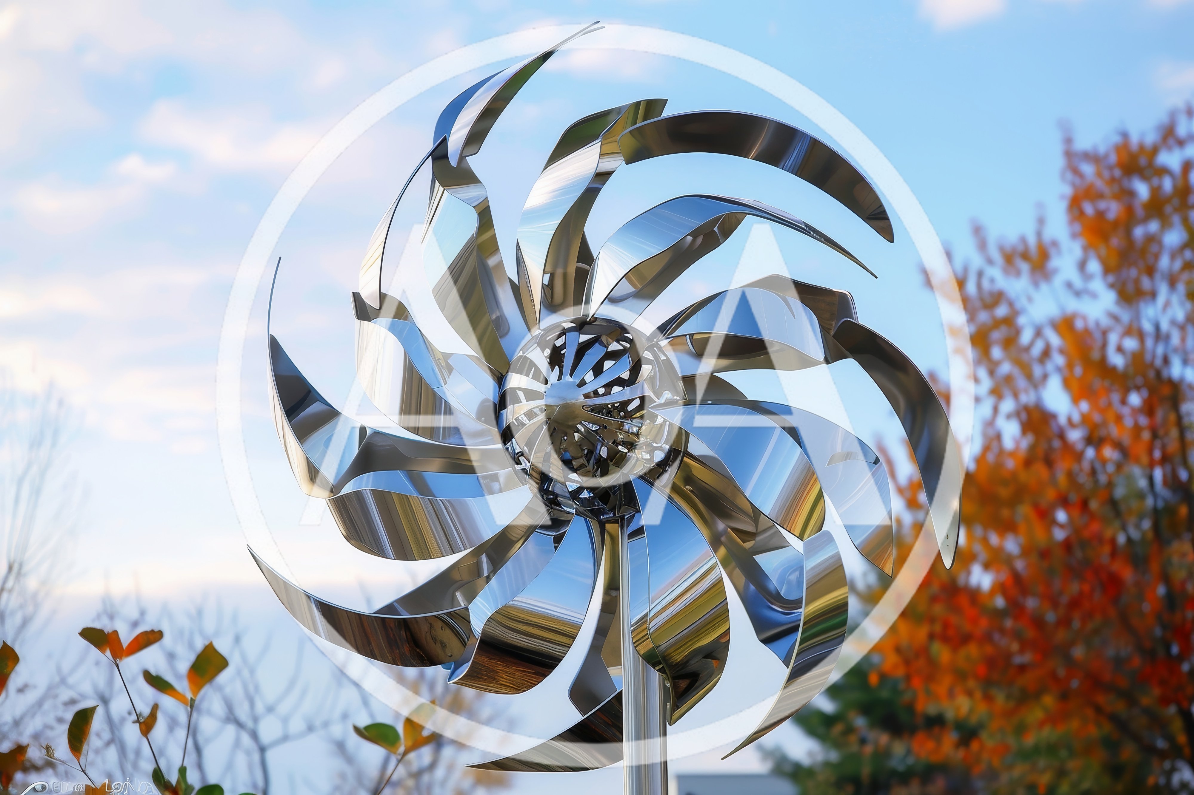 Reflective Metal Wind Spinner Sculpture in Autumn Garden