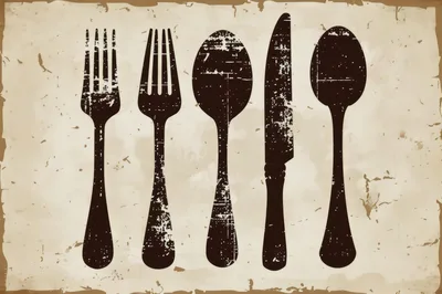Vintage Style Cutlery Silhouettes On Aged Paper Background
