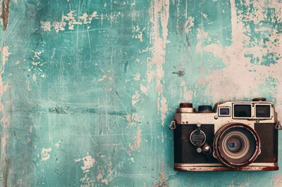 Vintage Rangefinder Camera On Distressed Teal Background