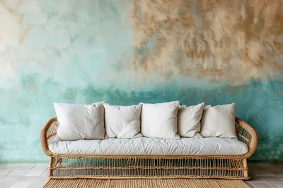 Wicker Sofa With White Cushions Against Textured Wall