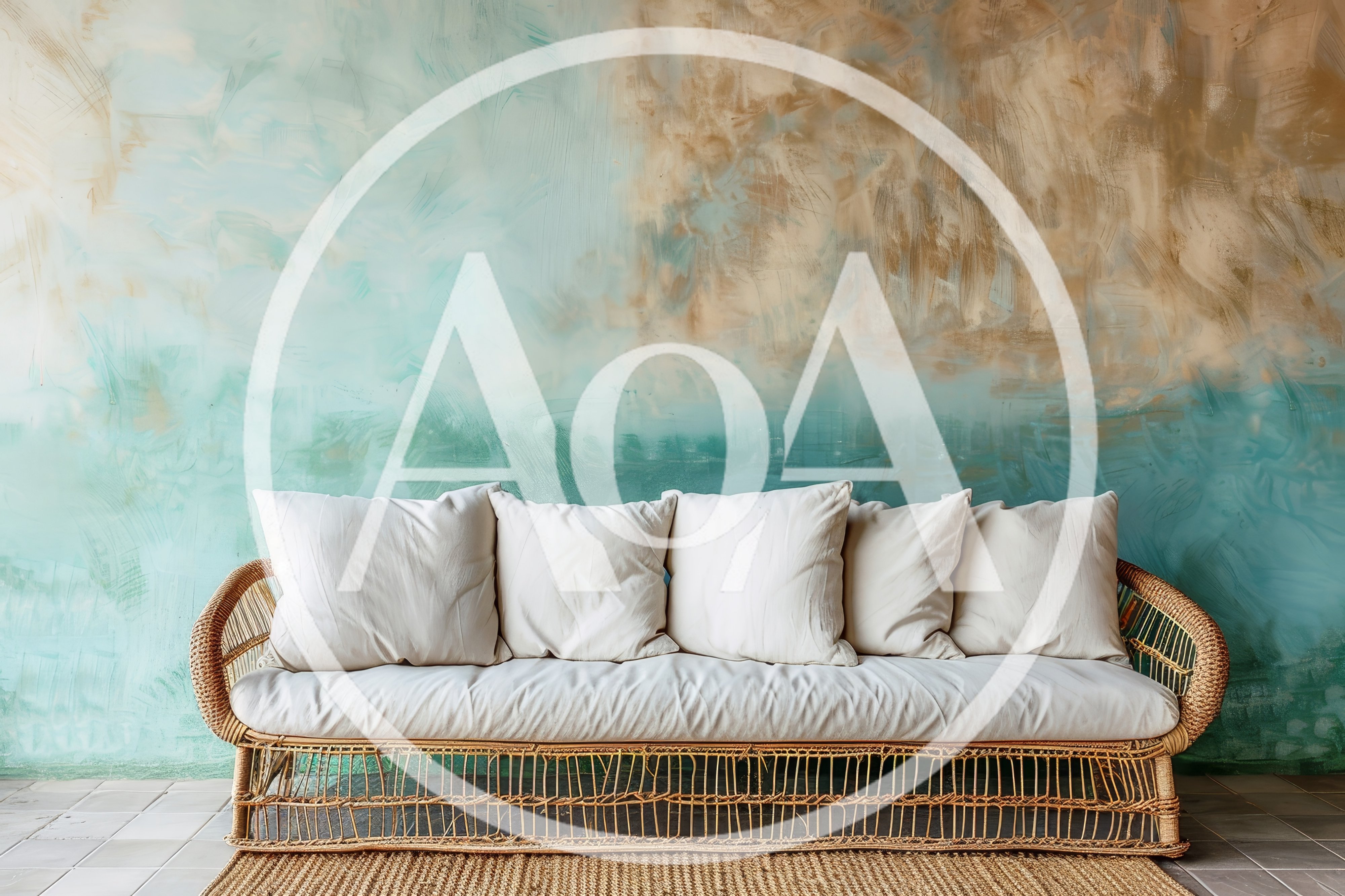 Wicker Sofa With White Cushions Against Textured Wall