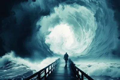 Lone Figure Walking Toward A Massive Ocean Wave