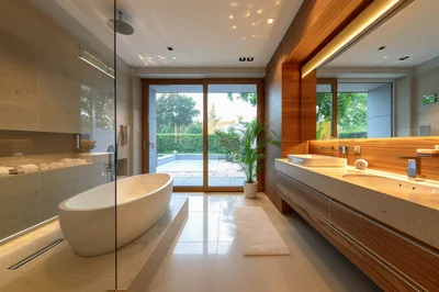 Modern Luxury Bathroom With Freestanding Bathtub And Vanity