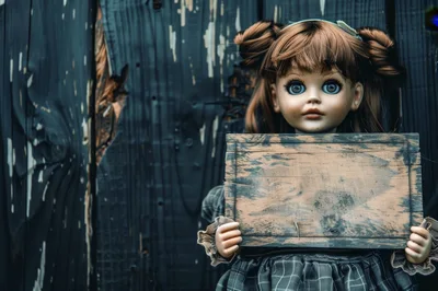 Creepy Doll Holding A Blank Wooden Sign