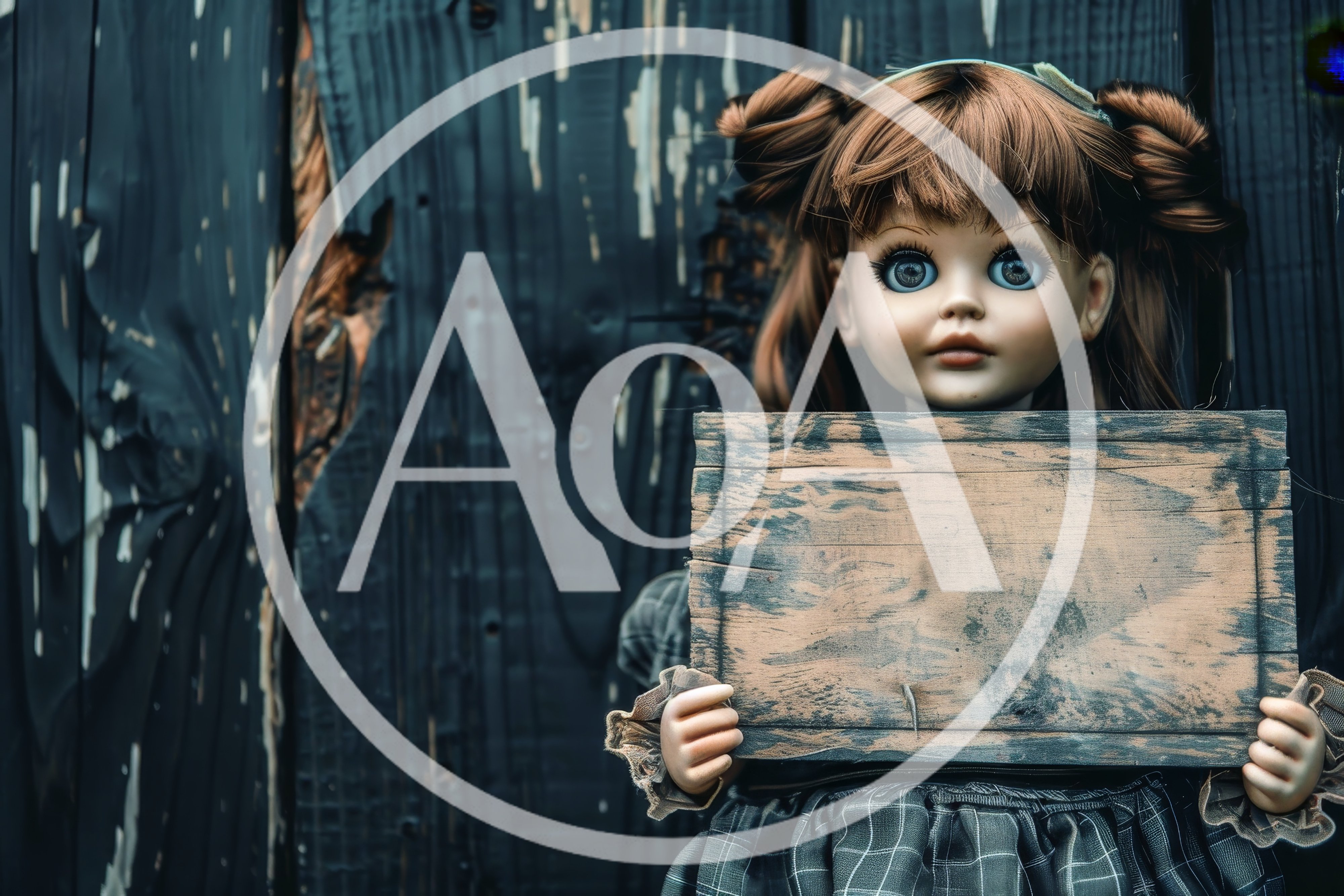 Creepy Doll Holding A Blank Wooden Sign
